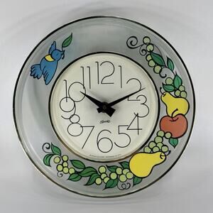 Vtg Spartus Clear Acrylic Bluebird Fruit Kitchen Wall Clock 10.5" Kitsch Retro